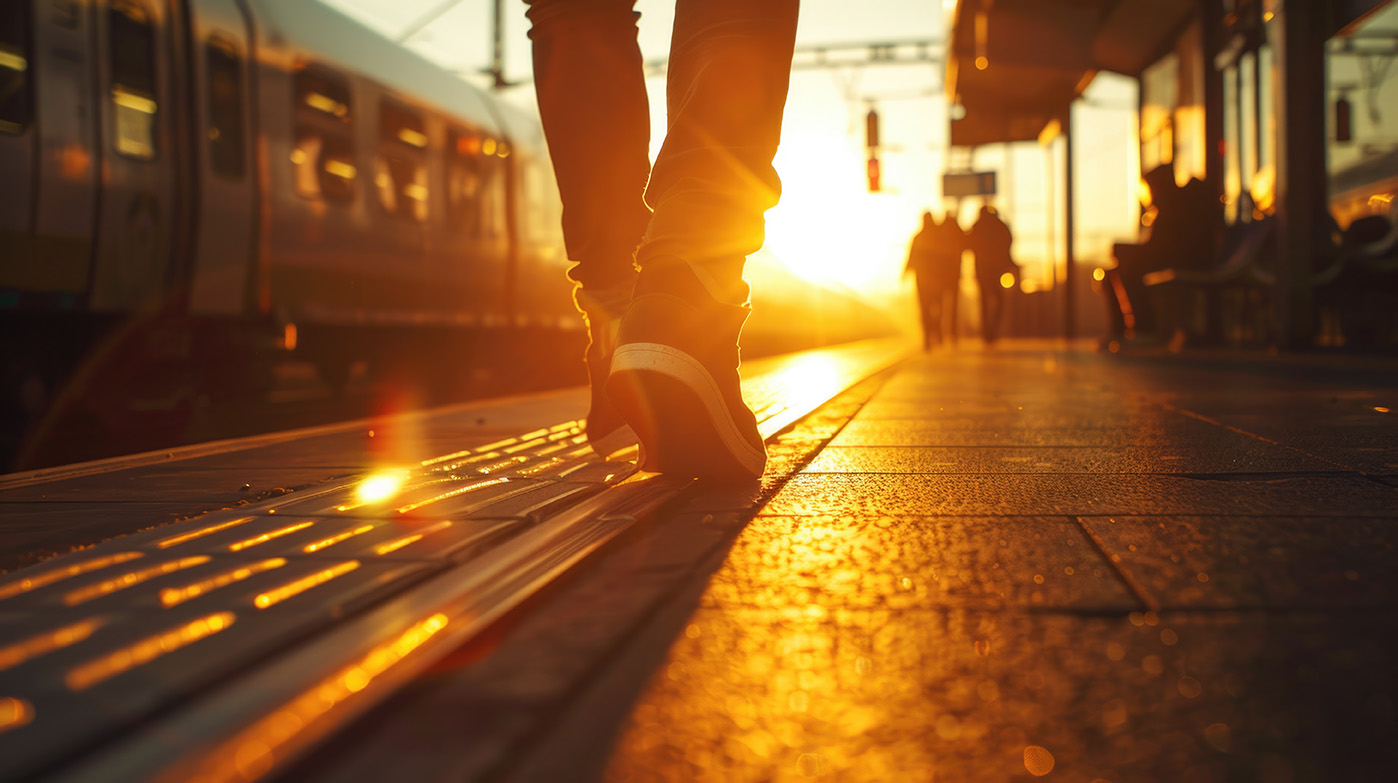 Traveler walking along a train platform at sunset